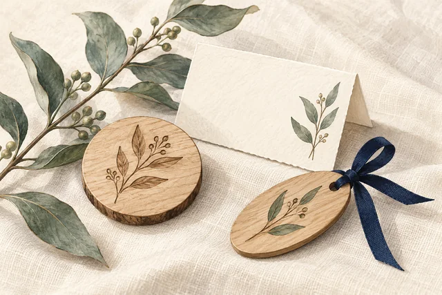 Illustrated wedding favour ideas with botanical timber tokens and navy ribbon