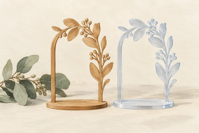 Illustrated comparison of botanical shapes in timber and frosted acrylic